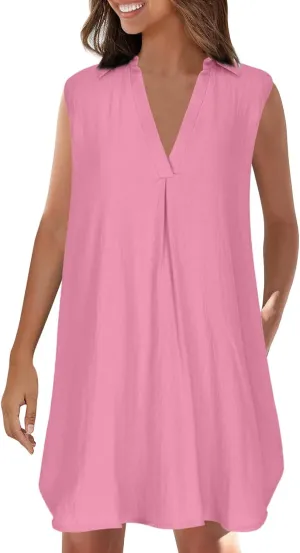 Womens Cotton Linen Sundress Summer Casual Short Sleeve Dresses Fashion Solid Color Loose V-Neck Pleated Dress