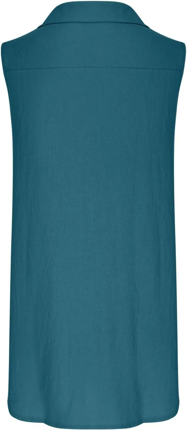 Womens Cotton Linen Sundress Summer Casual Short Sleeve Dresses Fashion Solid Color Loose V-Neck Pleated Dress