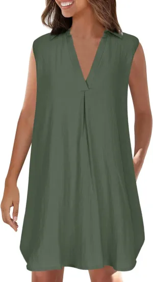 Womens Cotton Linen Sundress Summer Casual Short Sleeve Dresses Fashion Solid Color Loose V-Neck Pleated Dress