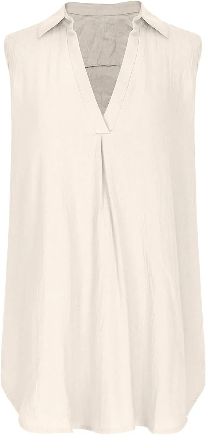Womens Cotton Linen Sundress Summer Casual Short Sleeve Dresses Fashion Solid Color Loose V-Neck Pleated Dress
