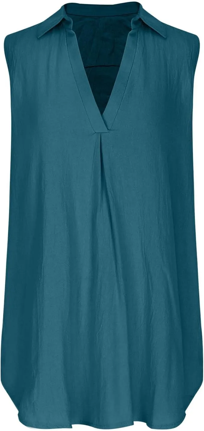 Womens Cotton Linen Sundress Summer Casual Short Sleeve Dresses Fashion Solid Color Loose V-Neck Pleated Dress