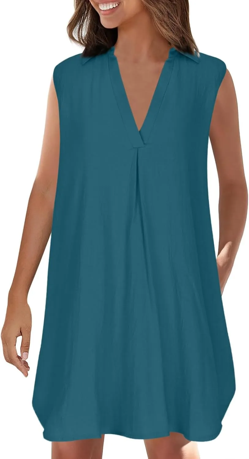 Womens Cotton Linen Sundress Summer Casual Short Sleeve Dresses Fashion Solid Color Loose V-Neck Pleated Dress