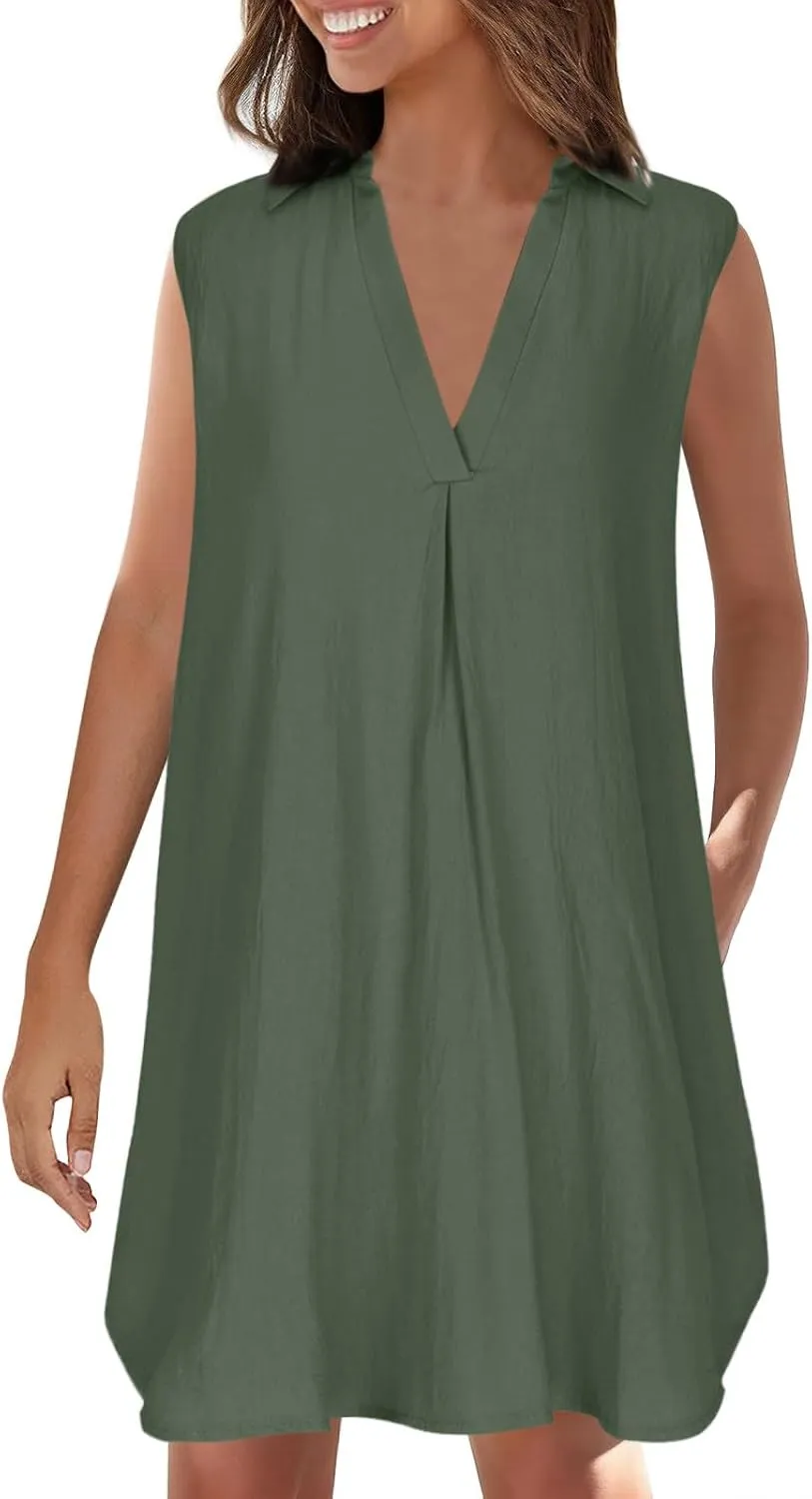 Womens Cotton Linen Sundress Summer Casual Short Sleeve Dresses Fashion Solid Color Loose V-Neck Pleated Dress