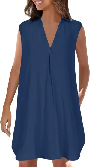 Womens Cotton Linen Sundress Summer Casual Short Sleeve Dresses Fashion Solid Color Loose V-Neck Pleated Dress