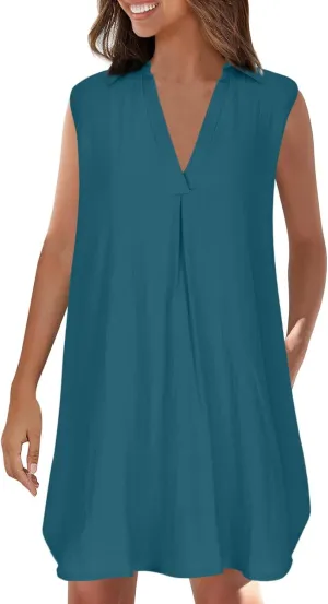 Womens Cotton Linen Sundress Summer Casual Short Sleeve Dresses Fashion Solid Color Loose V-Neck Pleated Dress