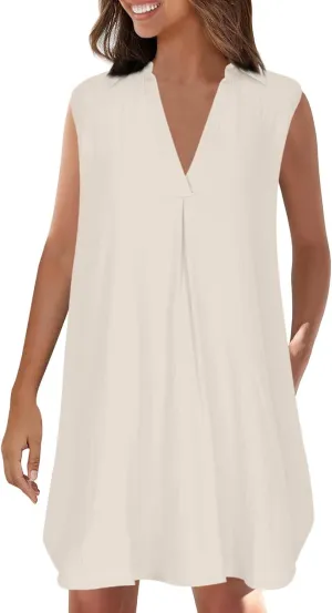 Womens Cotton Linen Sundress Summer Casual Short Sleeve Dresses Fashion Solid Color Loose V-Neck Pleated Dress