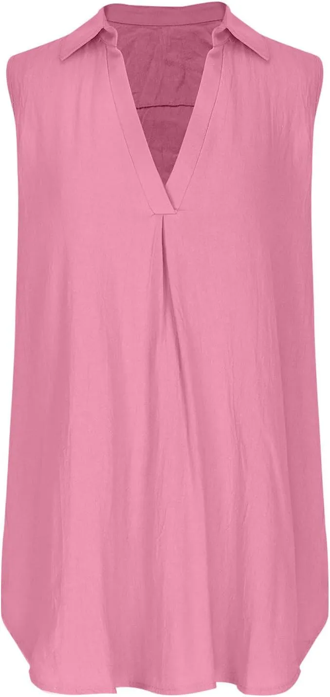 Womens Cotton Linen Sundress Summer Casual Short Sleeve Dresses Fashion Solid Color Loose V-Neck Pleated Dress