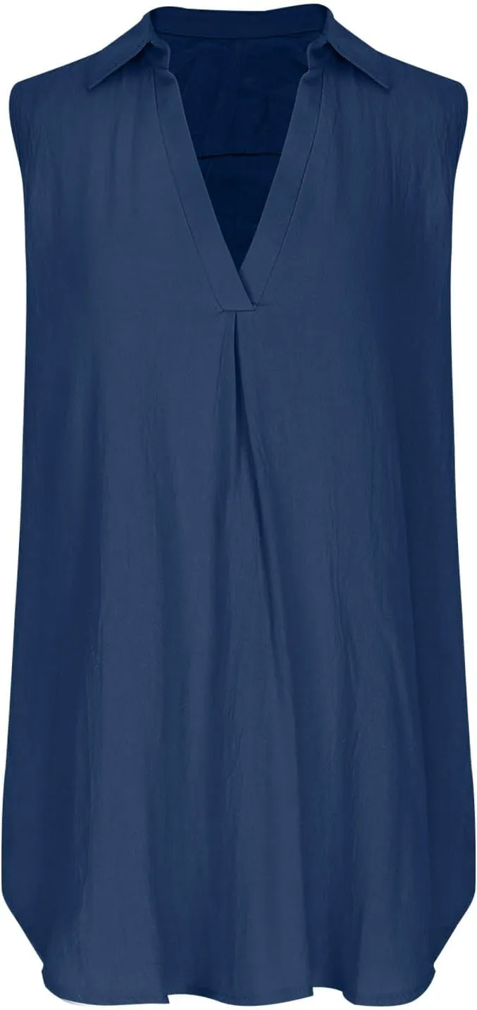 Womens Cotton Linen Sundress Summer Casual Short Sleeve Dresses Fashion Solid Color Loose V-Neck Pleated Dress
