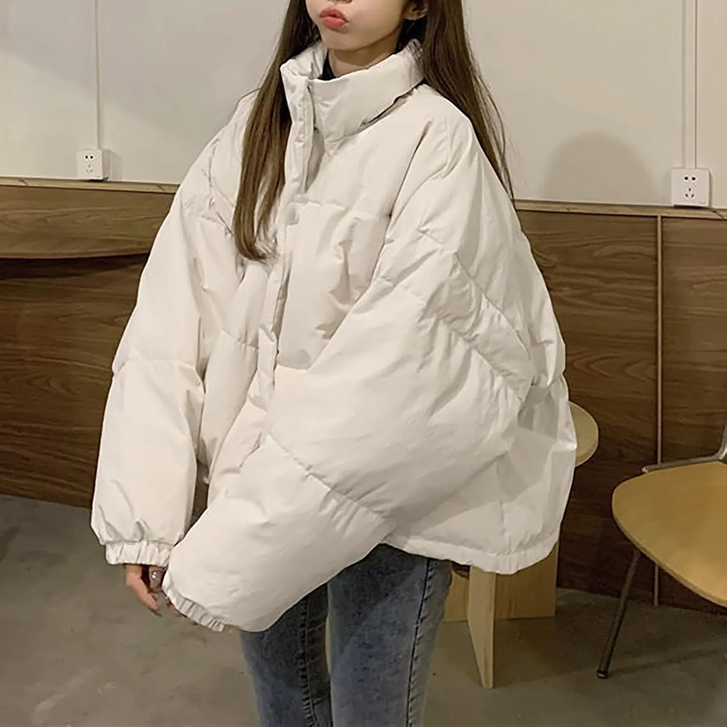 Womens Cropped Puffer Jackets Oversized Fashion Down Jacket Winter Stand Collar Zip Solid Snaps Fluffy Quilted Jacket