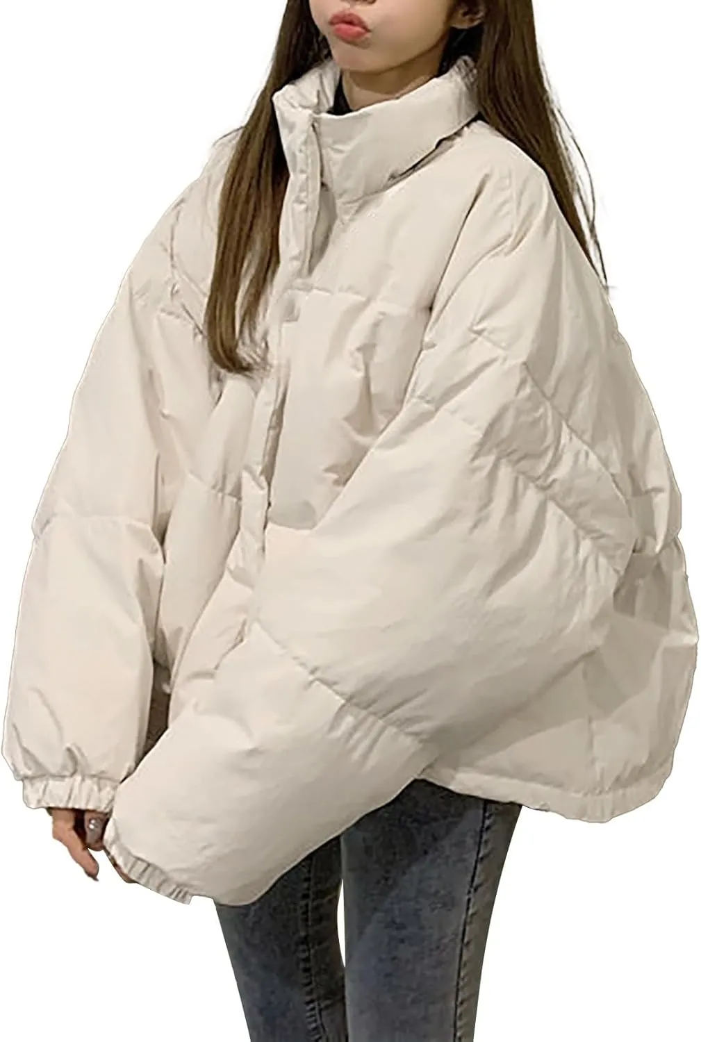 Womens Cropped Puffer Jackets Oversized Fashion Down Jacket Winter Stand Collar Zip Solid Snaps Fluffy Quilted Jacket