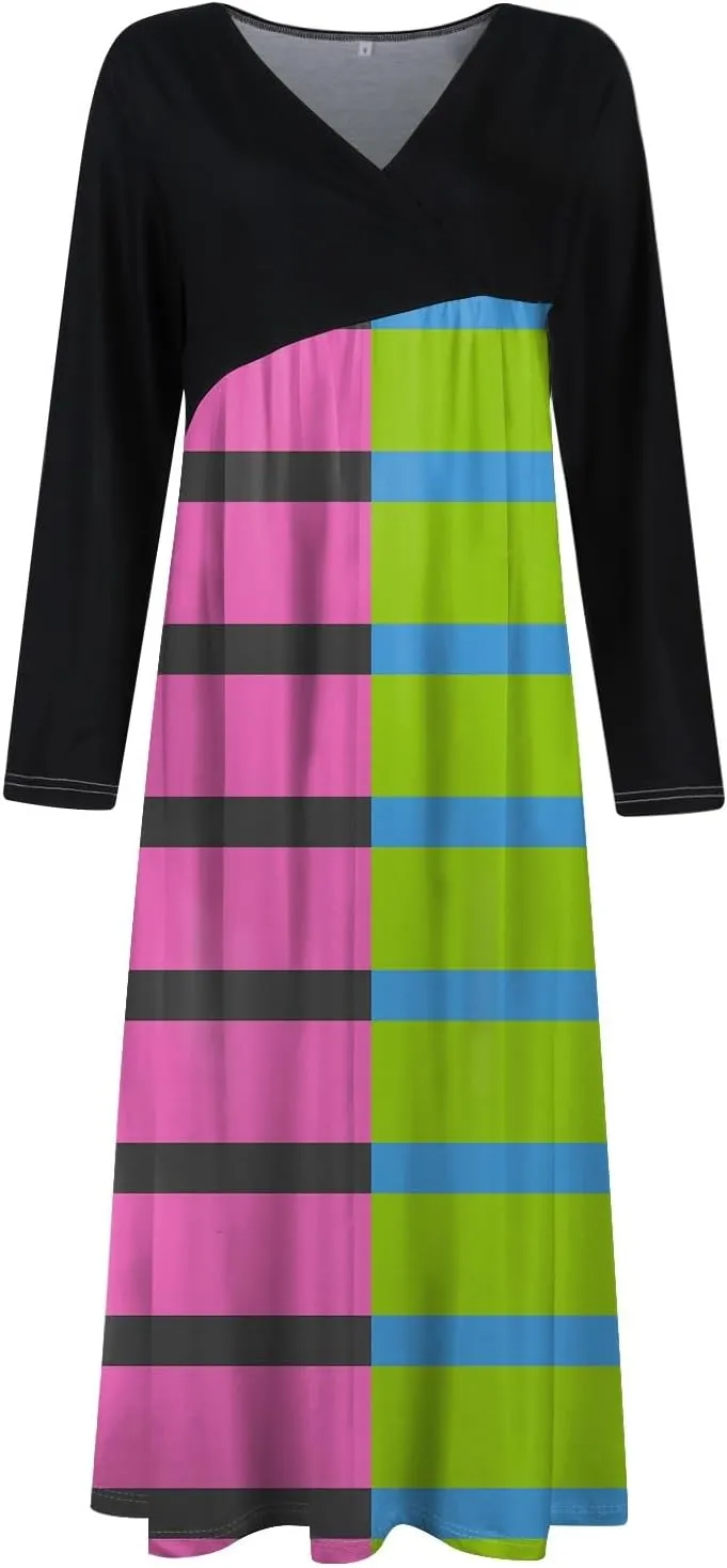 Women's Cute Gradient Long Sleeve Dress Stretchy Comfy V-Neck Spring Maxi Dresses