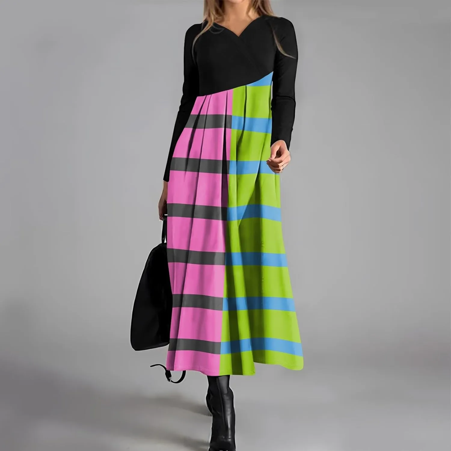 Women's Cute Gradient Long Sleeve Dress Stretchy Comfy V-Neck Spring Maxi Dresses