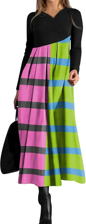 Women's Cute Gradient Long Sleeve Dress Stretchy Comfy V-Neck Spring Maxi Dresses