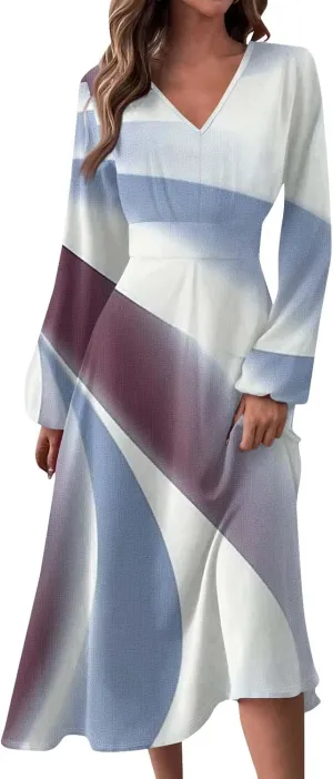 Women's Cute Gradient Long Sleeve Dresses Sexy Vacation V Neck Spring Long Dress