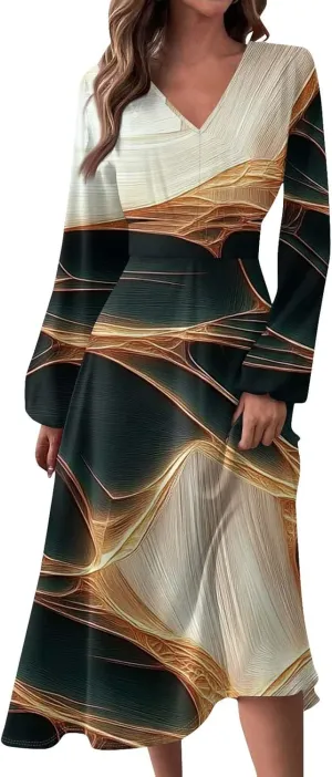 Women's Cute Gradient Long Sleeve Dresses Sexy Vacation V Neck Spring Long Dress