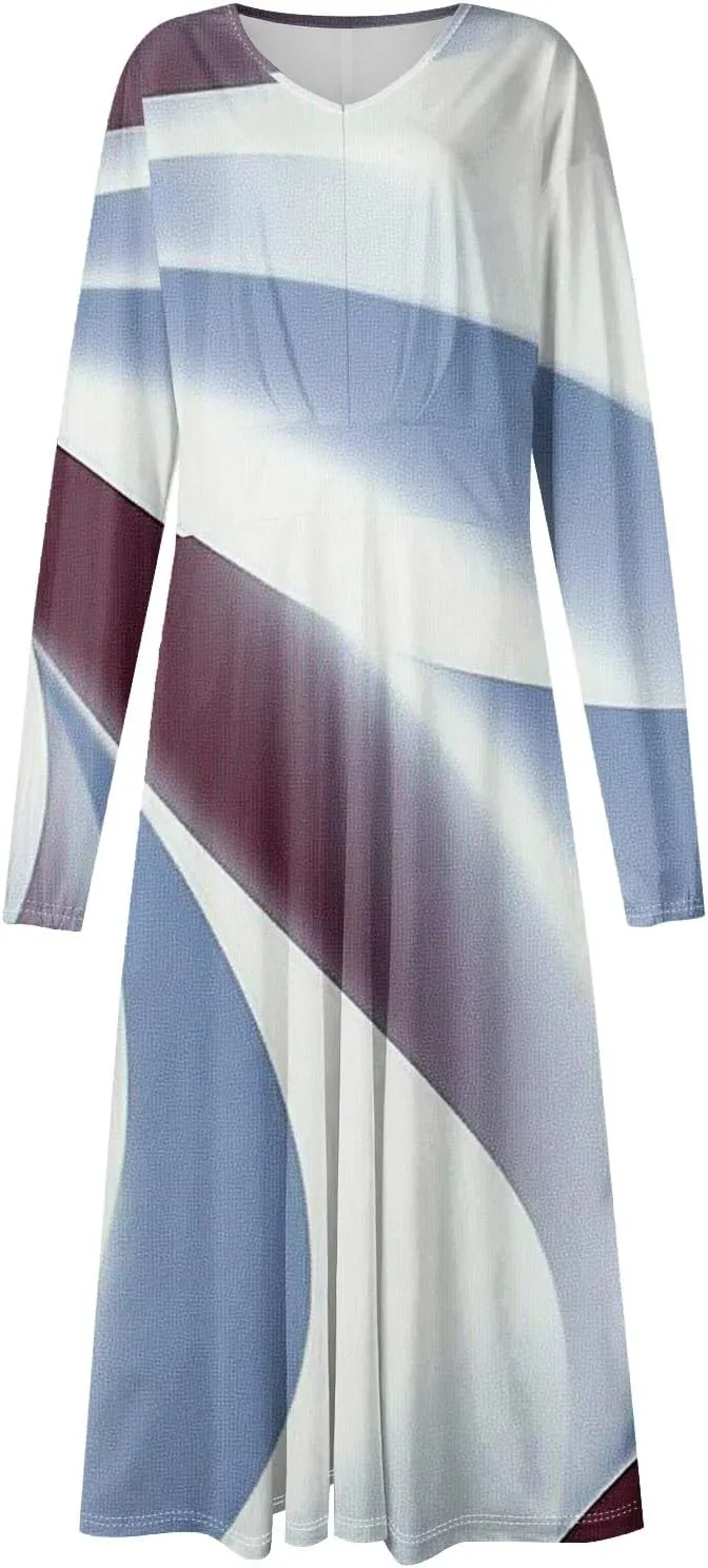Women's Cute Gradient Long Sleeve Dresses Sexy Vacation V Neck Spring Long Dress