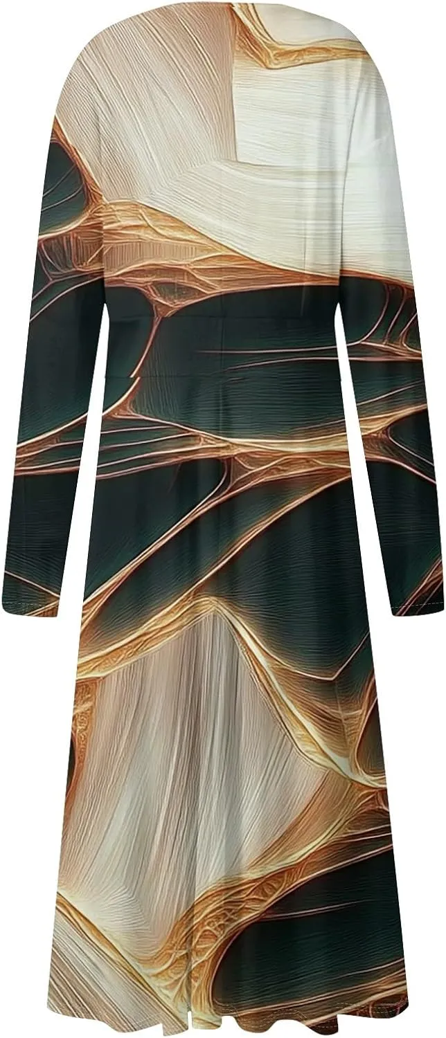 Women's Cute Gradient Long Sleeve Dresses Sexy Vacation V Neck Spring Long Dress