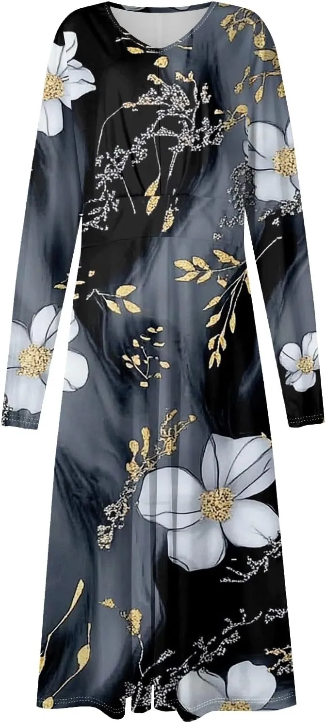 Women's Cute Gradient Long Sleeve Dresses Sexy Vacation V Neck Spring Long Dress