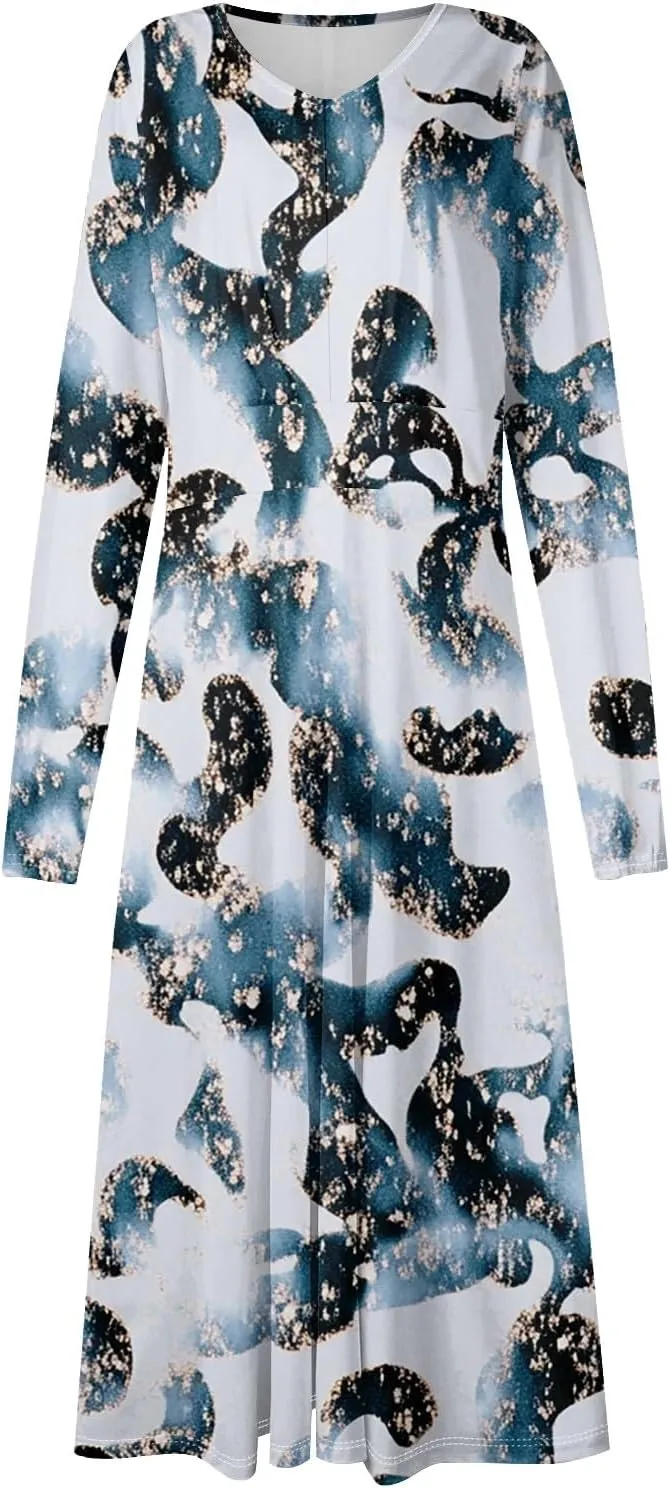 Women's Cute Gradient Long Sleeve Dresses Sexy Vacation V Neck Spring Long Dress