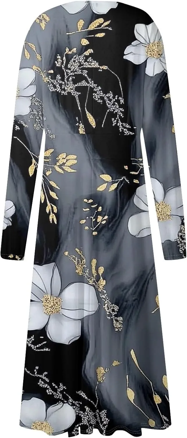 Women's Cute Gradient Long Sleeve Dresses Sexy Vacation V Neck Spring Long Dress