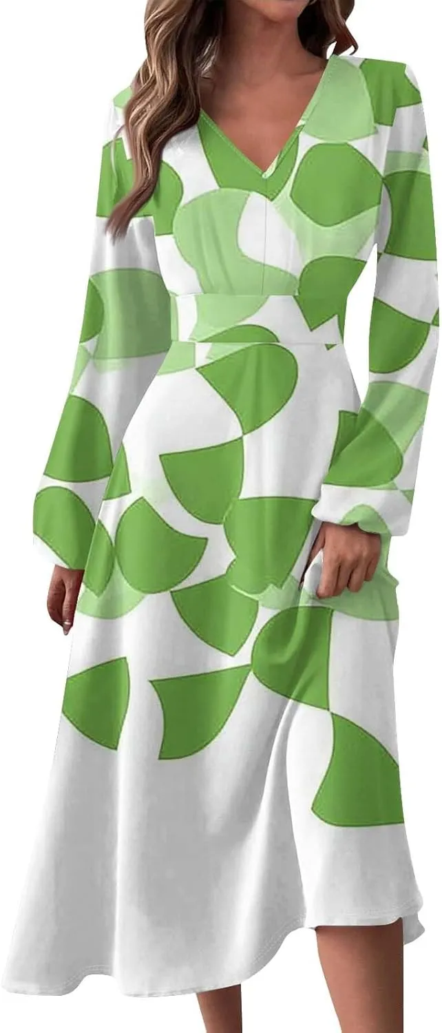 Women's Cute Gradient Long Sleeve Dresses Sexy Vacation V Neck Spring Long Dress