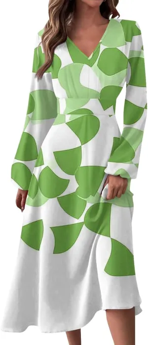 Women's Cute Gradient Long Sleeve Dresses Sexy Vacation V Neck Spring Long Dress