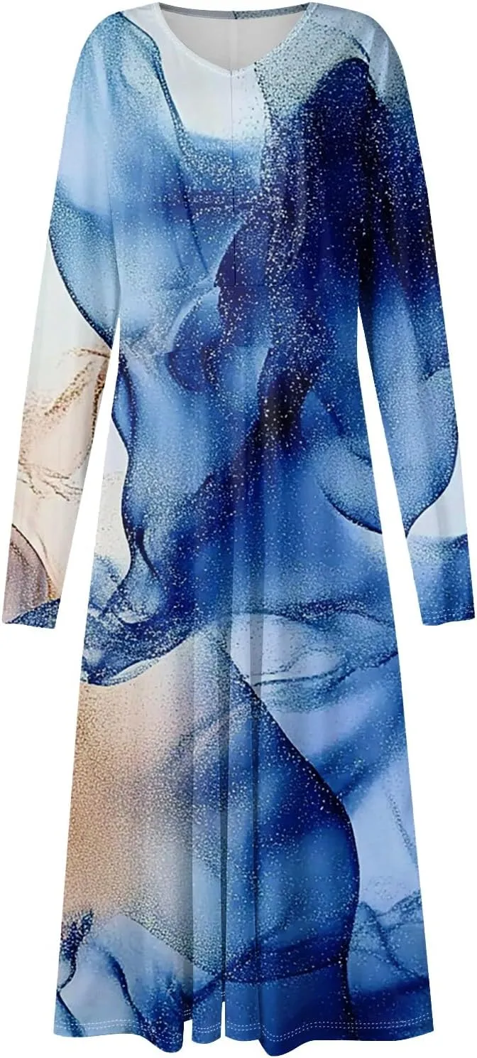 Women's Cute Gradient Long Sleeve Dresses Sexy Vacation V Neck Spring Long Dress