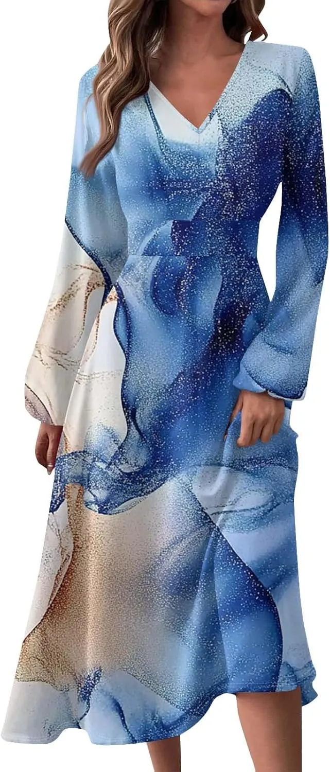 Women's Cute Gradient Long Sleeve Dresses Sexy Vacation V Neck Spring Long Dress