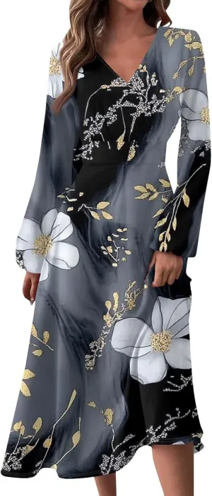Women's Cute Gradient Long Sleeve Dresses Sexy Vacation V Neck Spring Long Dress