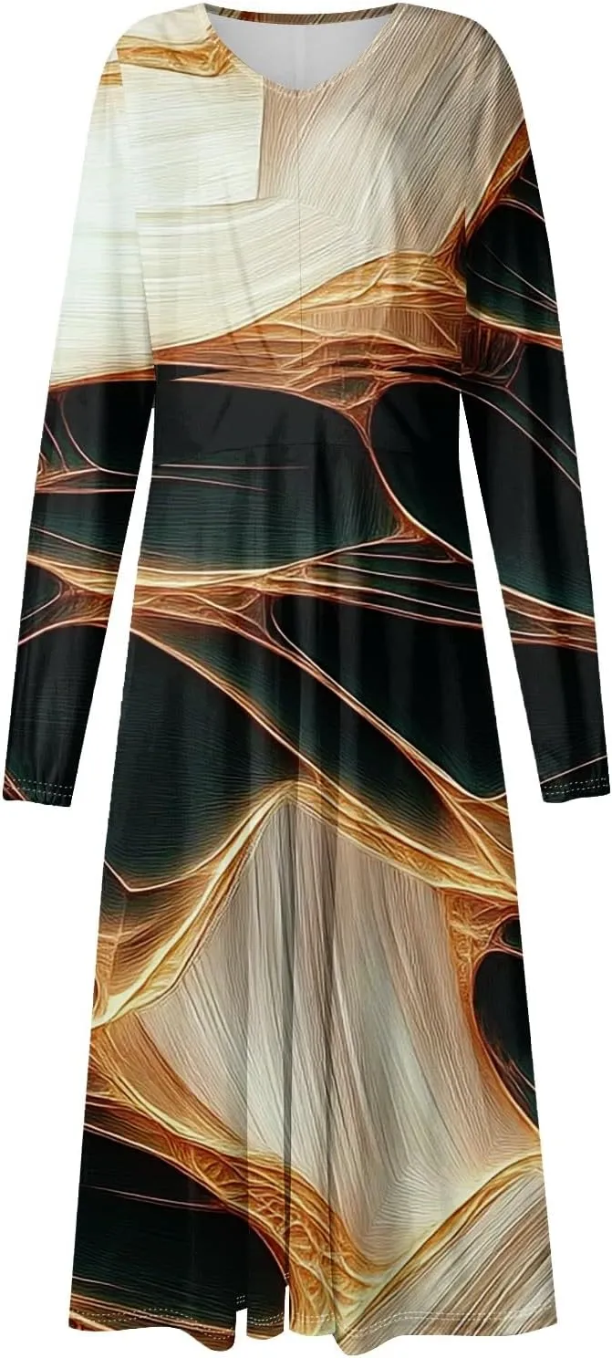 Women's Cute Gradient Long Sleeve Dresses Sexy Vacation V Neck Spring Long Dress