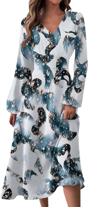 Women's Cute Gradient Long Sleeve Dresses Sexy Vacation V Neck Spring Long Dress