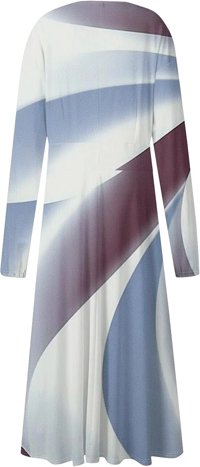 Women's Cute Gradient Long Sleeve Dresses Sexy Vacation V Neck Spring Long Dress