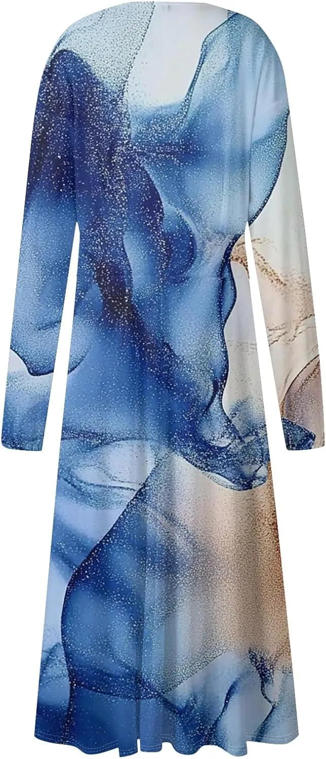 Women's Cute Gradient Long Sleeve Dresses Sexy Vacation V Neck Spring Long Dress