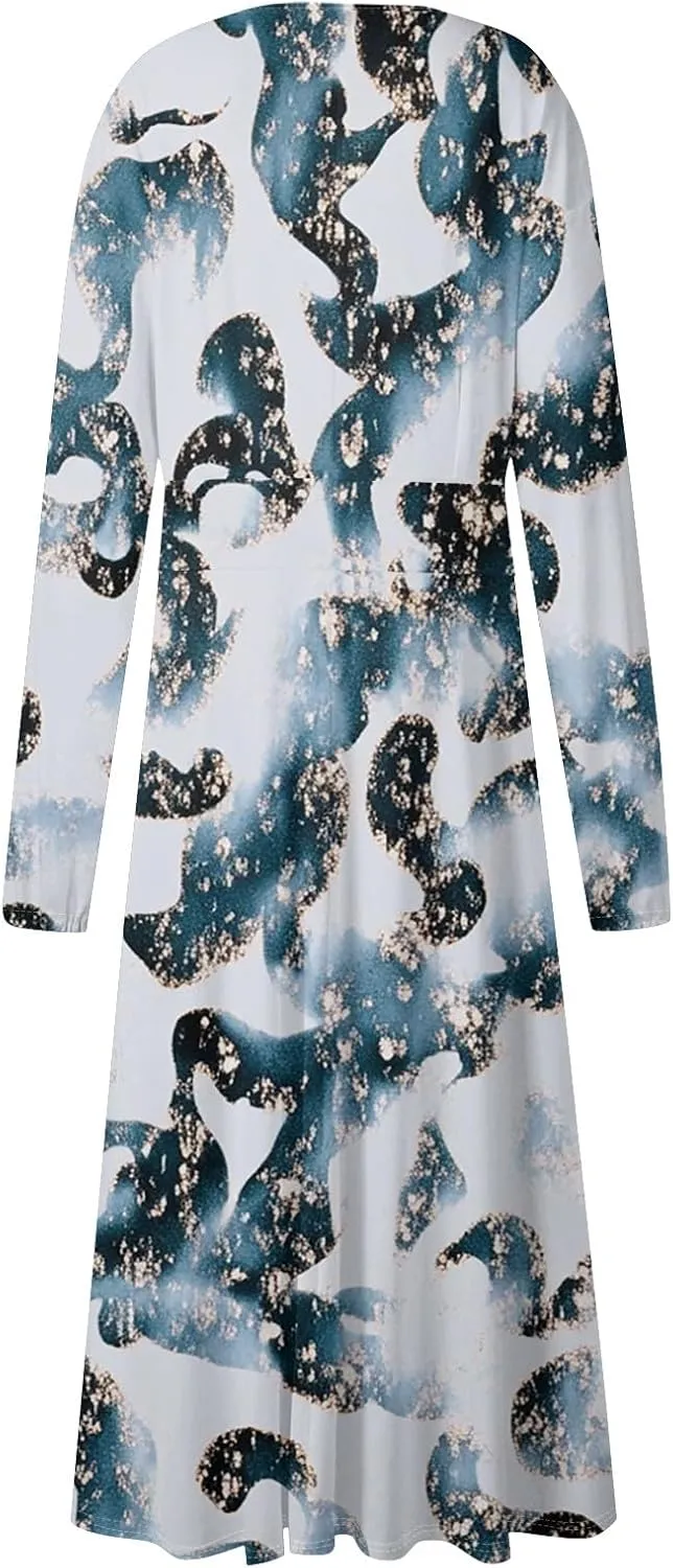 Women's Cute Gradient Long Sleeve Dresses Sexy Vacation V Neck Spring Long Dress