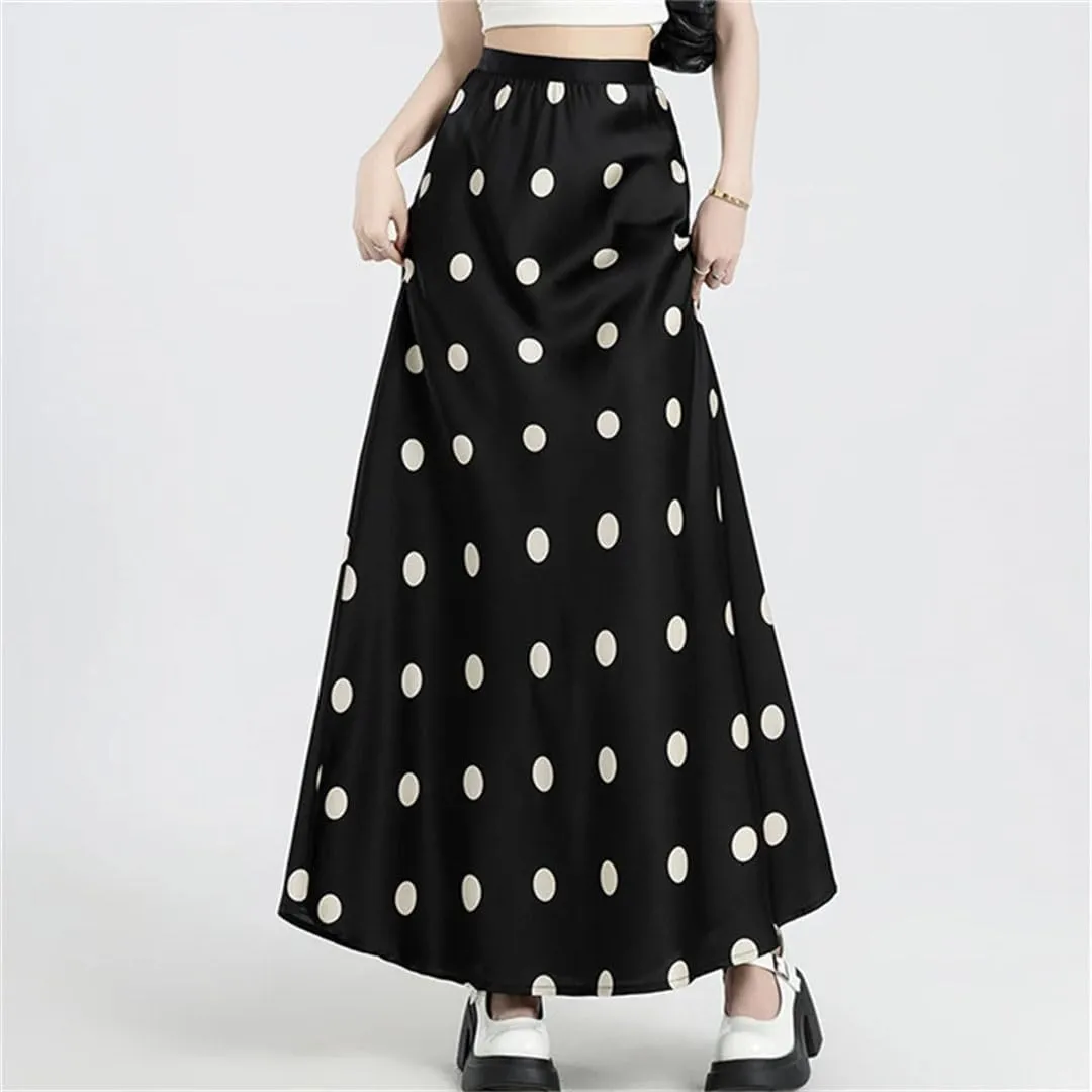 Women's Dots Printed Satin High Waist Lady Mid A-Line Skirts