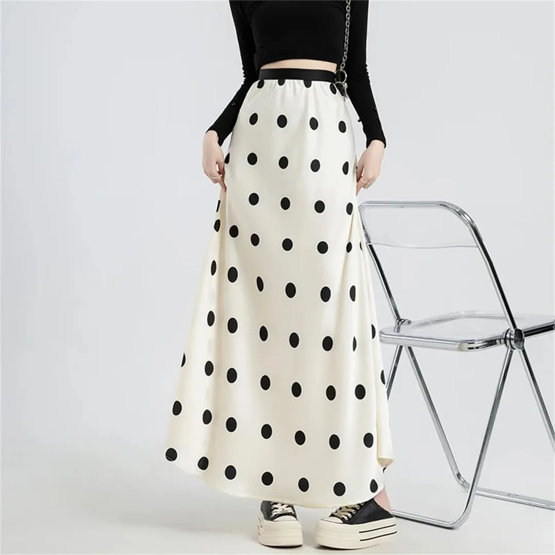 Women's Dots Printed Satin High Waist Lady Mid A-Line Skirts