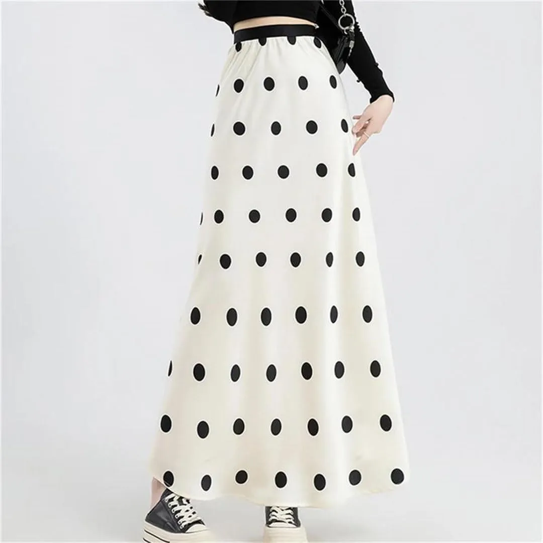 Women's Dots Printed Satin High Waist Lady Mid A-Line Skirts