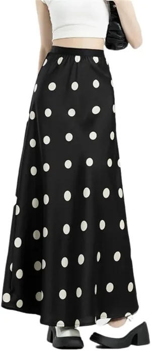 Women's Dots Printed Satin High Waist Lady Mid A-Line Skirts