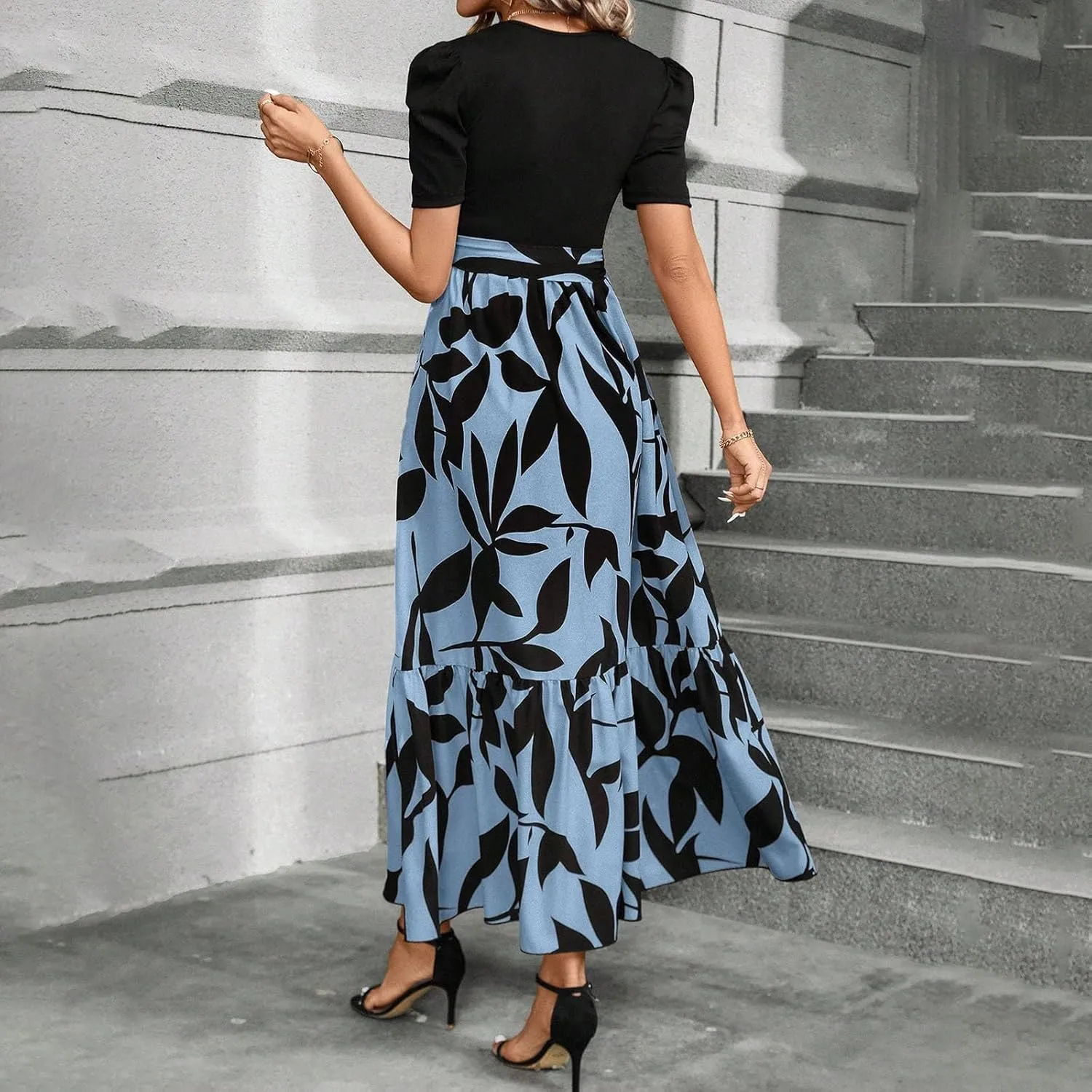 Womens Dresses Waist Tie Short Sleeve Smocked Round Neck Summer Casual Party Beach Flowy Dresses