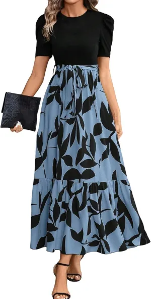 Womens Dresses Waist Tie Short Sleeve Smocked Round Neck Summer Casual Party Beach Flowy Dresses