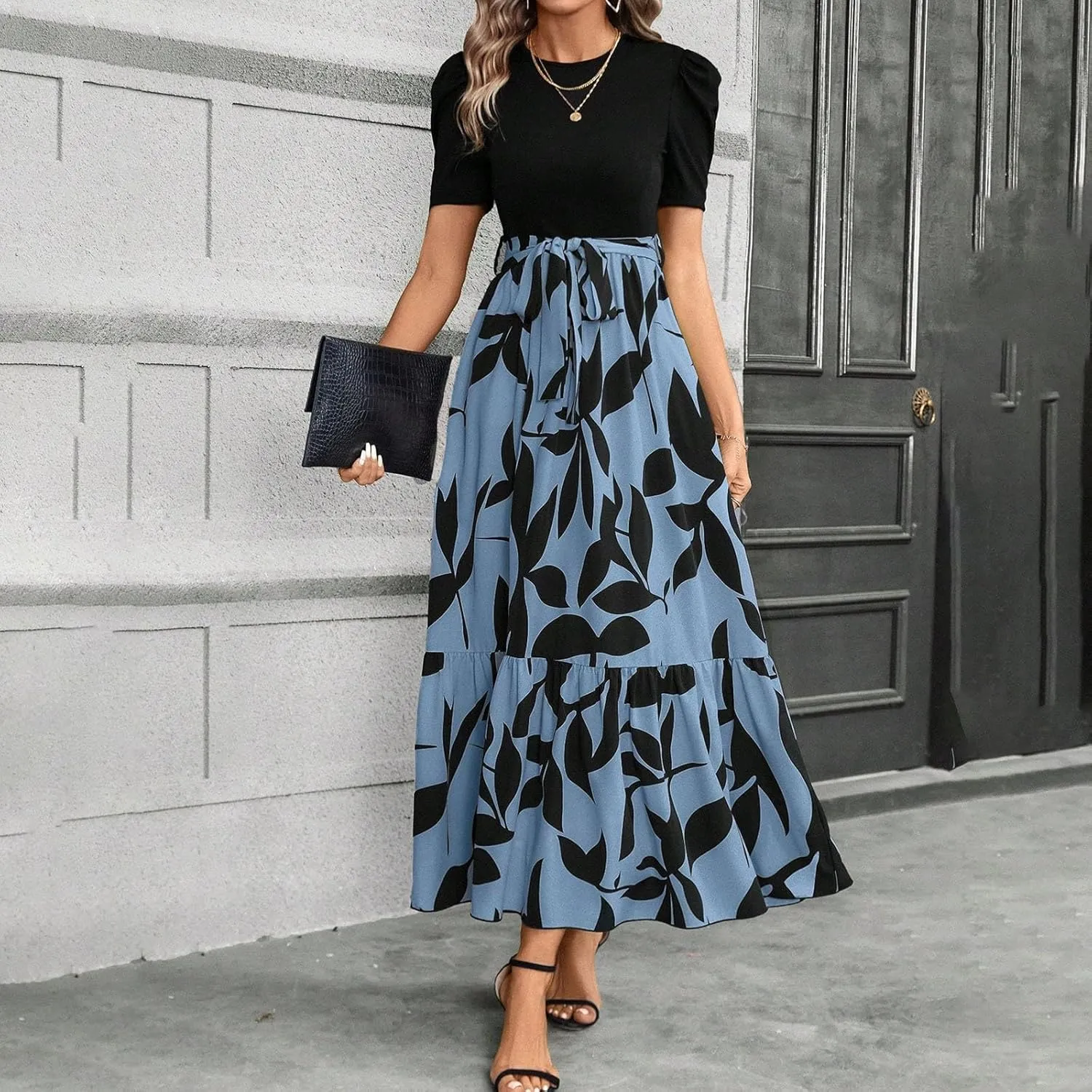 Womens Dresses Waist Tie Short Sleeve Smocked Round Neck Summer Casual Party Beach Flowy Dresses