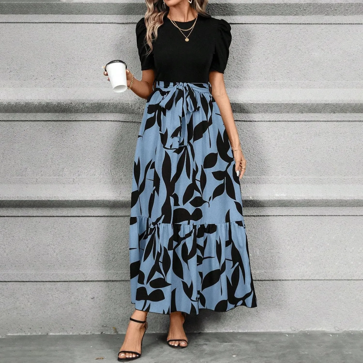 Womens Dresses Waist Tie Short Sleeve Smocked Round Neck Summer Casual Party Beach Flowy Dresses