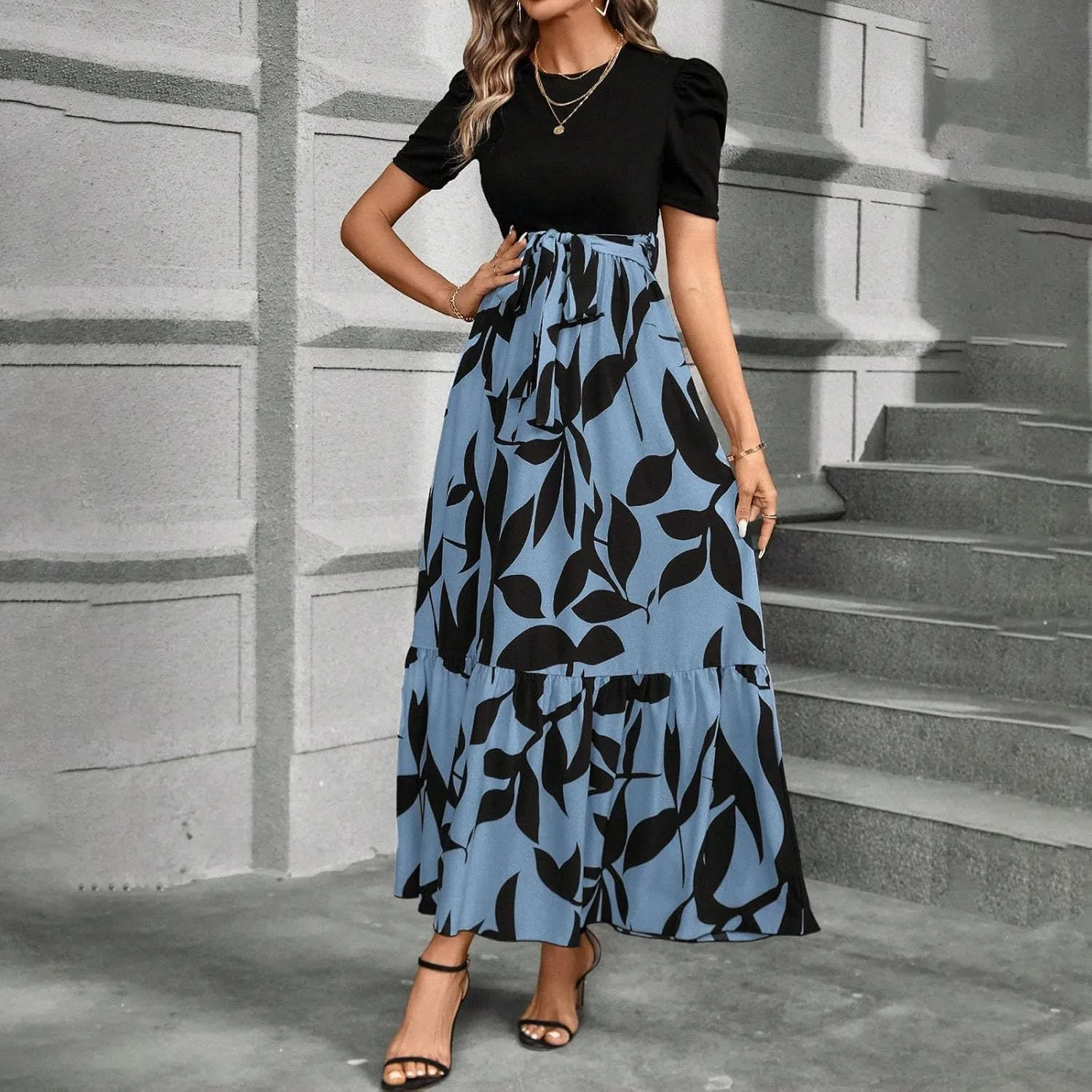 Womens Dresses Waist Tie Short Sleeve Smocked Round Neck Summer Casual Party Beach Flowy Dresses