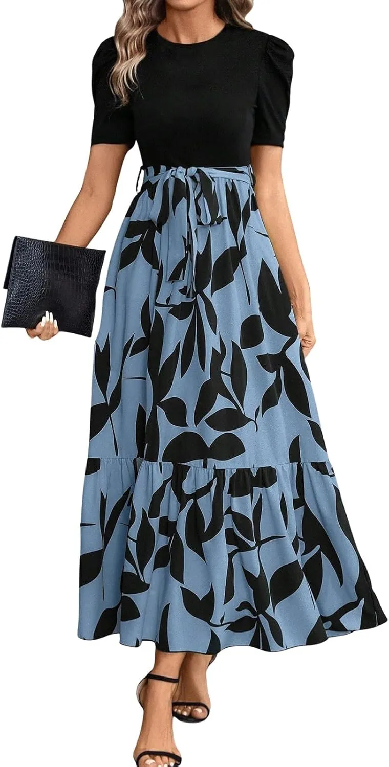 Womens Dresses Waist Tie Short Sleeve Smocked Round Neck Summer Casual Party Beach Flowy Dresses