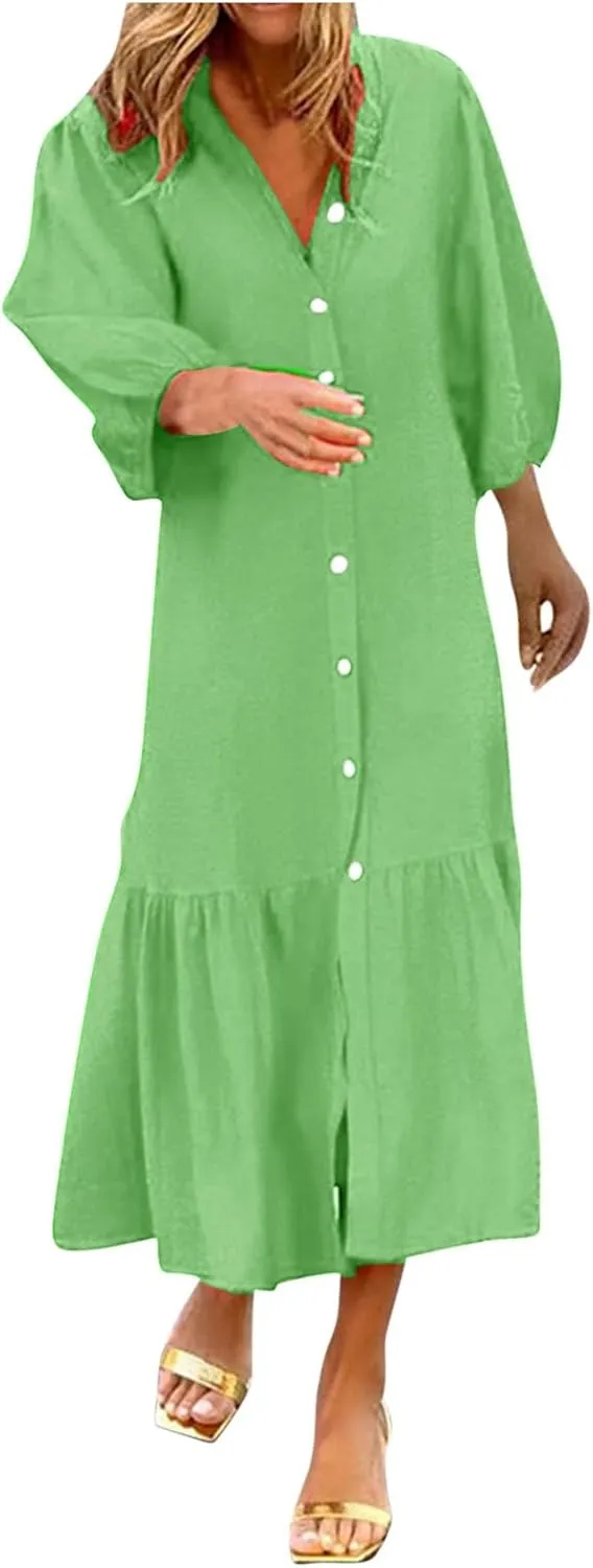 Womens Fall 3/4 Puff Sleeve Shirt Dressy Button Down V Neck Maxi Dress 2024 Basic Relax Ruffle Swing Long Shift Dress