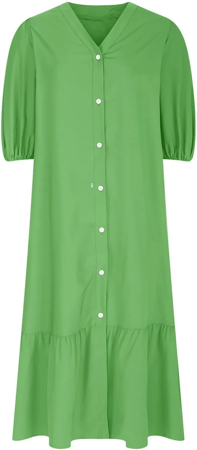 Womens Fall 3/4 Puff Sleeve Shirt Dressy Button Down V Neck Maxi Dress 2024 Basic Relax Ruffle Swing Long Shift Dress