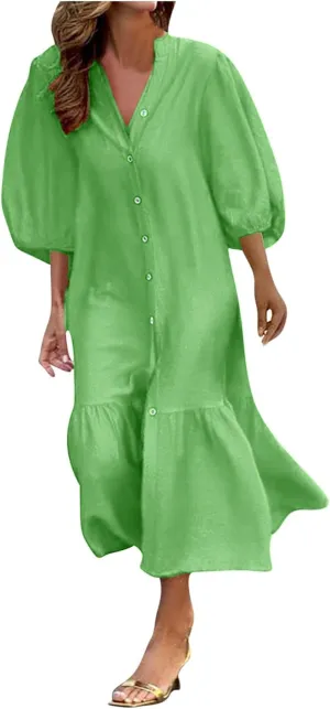 Womens Fall 3/4 Puff Sleeve Shirt Dressy Button Down V Neck Maxi Dress 2024 Basic Relax Ruffle Swing Long Shift Dress
