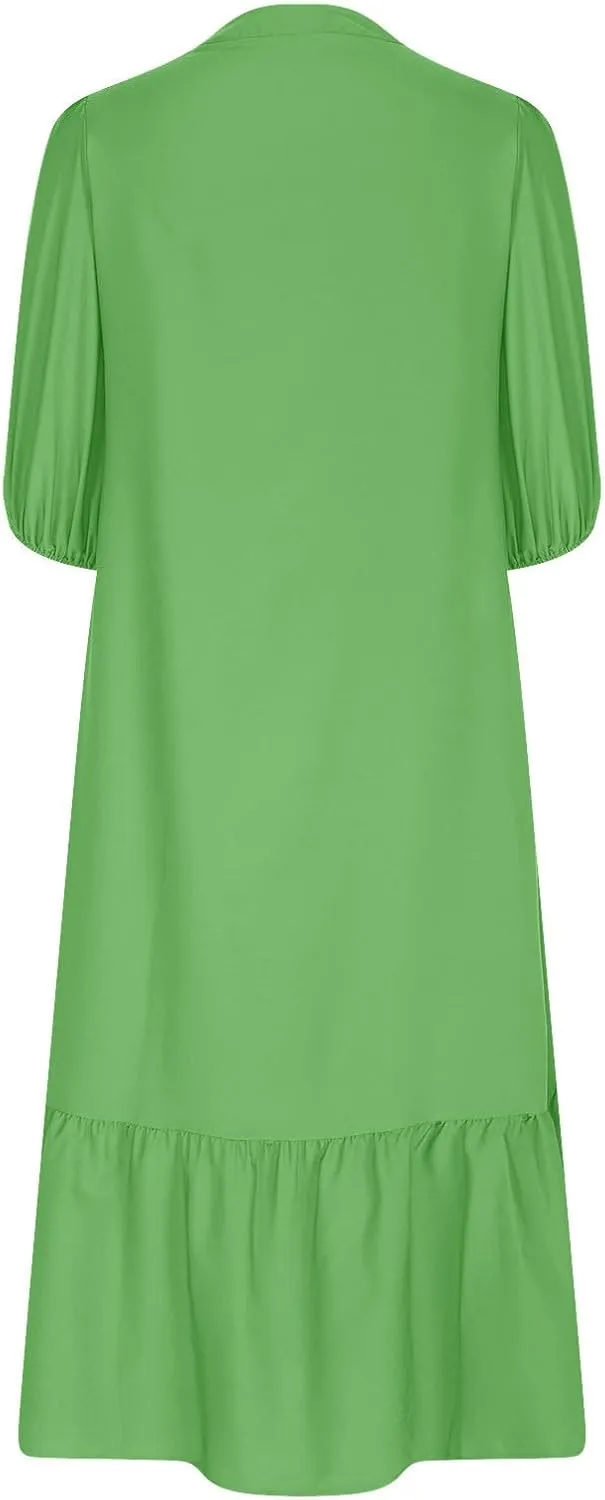 Womens Fall 3/4 Puff Sleeve Shirt Dressy Button Down V Neck Maxi Dress 2024 Basic Relax Ruffle Swing Long Shift Dress