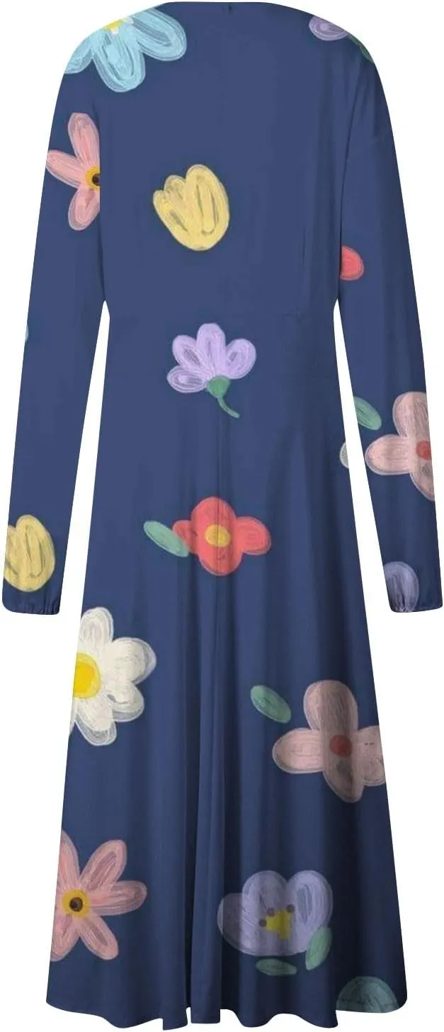 Womens Fall Dresses Long Sleeve V Neck Floral Print Wrap Maxi Dress Ruffle A-Line Flowy Long Dresses