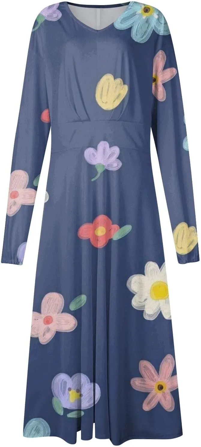 Womens Fall Dresses Long Sleeve V Neck Floral Print Wrap Maxi Dress Ruffle A-Line Flowy Long Dresses